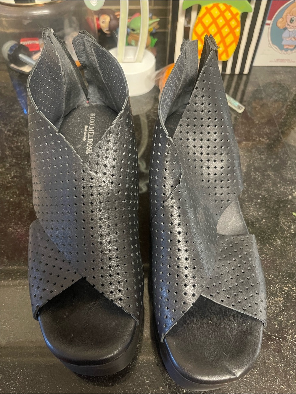 8100 Melrose Italian leather Black Perforated Peep-Toe Wedge Booties